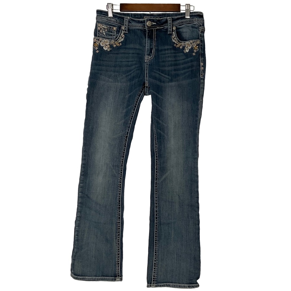 Grace in LA Womens Classic Embroidered Embellished Blue Wider Leg Denim Jeans 31